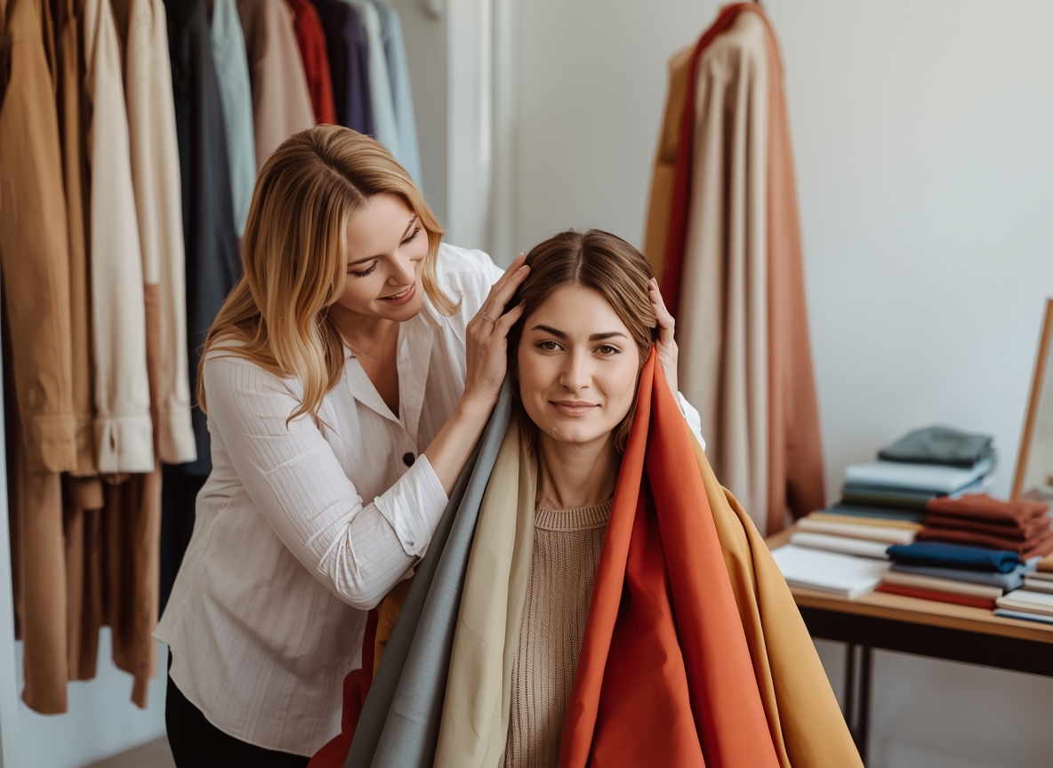 Professional seasonal color analysis session showing color draping technique at Vorlaxencraxylon